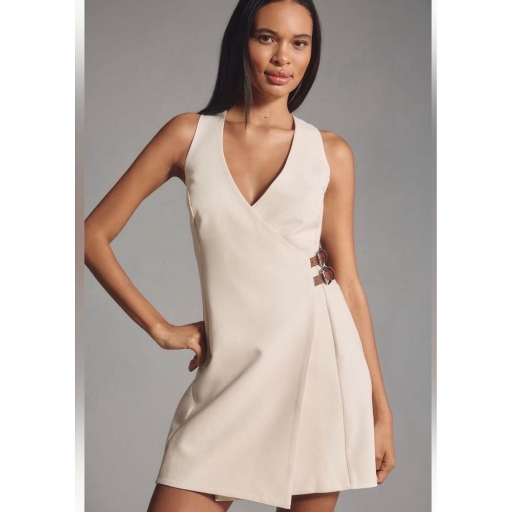 Anthropologie Beige Belted Mini Sleeveless Buckle Wrap‎ Dress V-Neck Tan Large